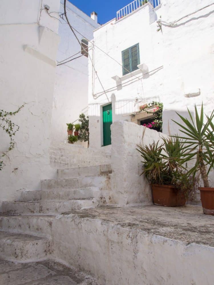 White building with a green door and plants, Ostuni, Puglia, Italy