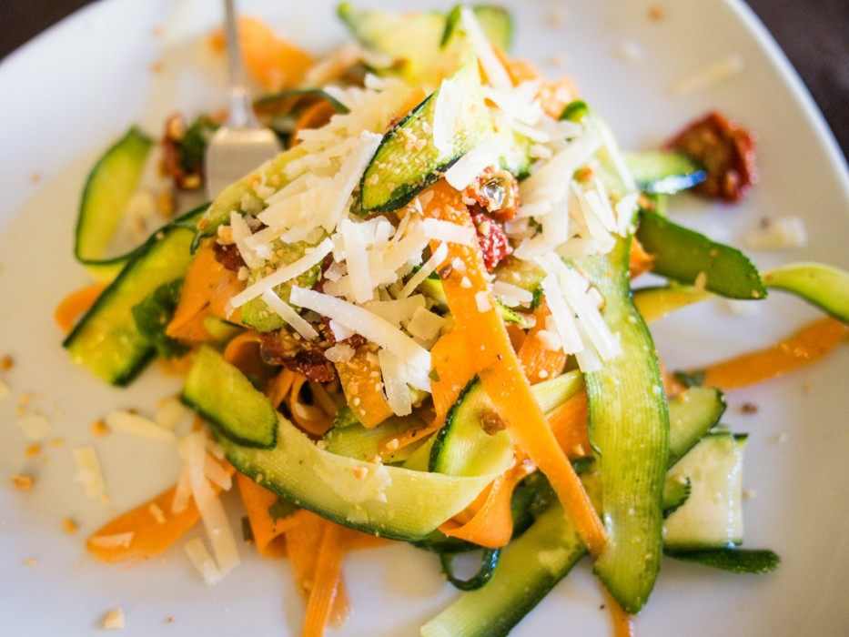 Some of the best Puglia food: zucchini and carrot salad with sundried tomatoes, mint, almonds and cheese at La Cecchina, Bari