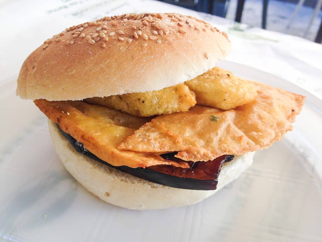 Pane con panelle, a vegetarian Sicilian street food snack in Palermo