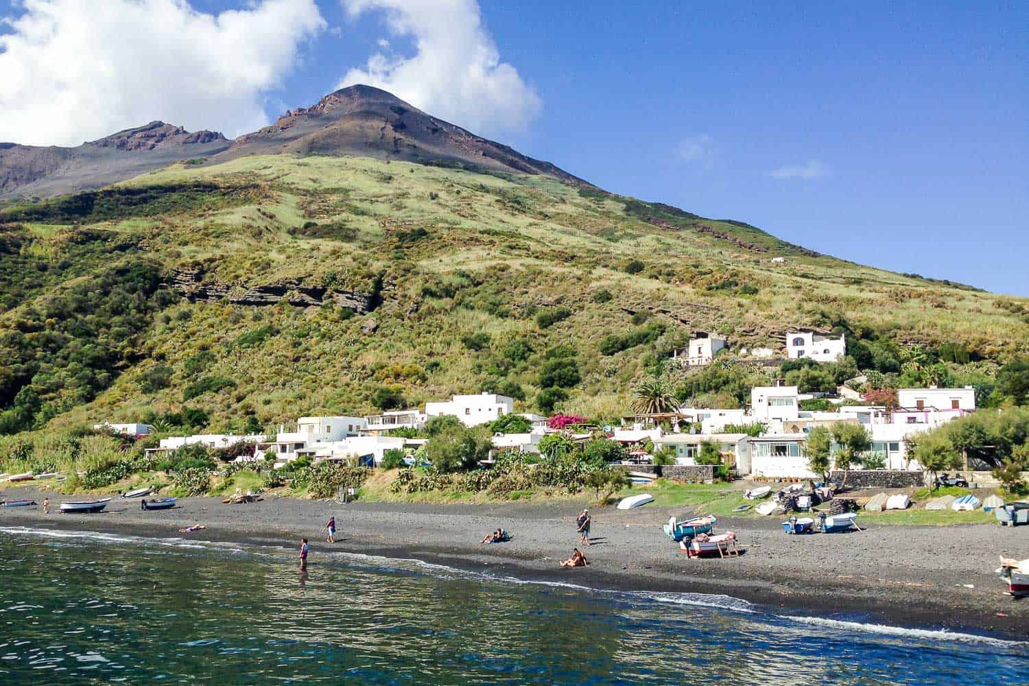 Black sand beach on Stromboli Island in the Aeolian Islands in Sicily