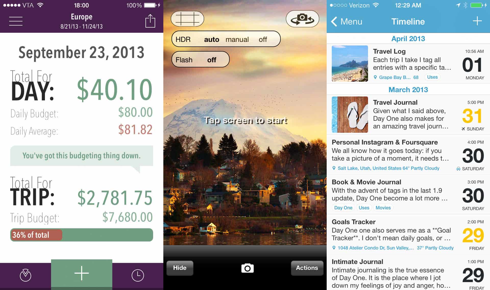 Screenshots of Trail Wallet, Pro HDR and Day One
