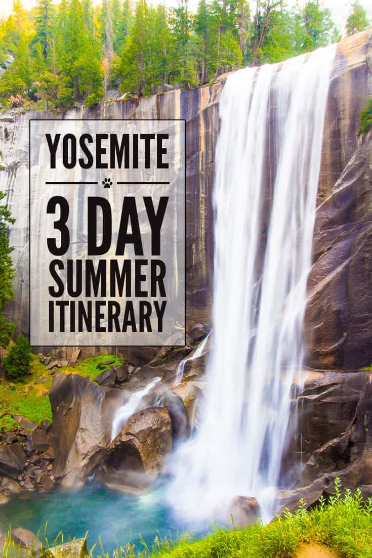 Yosemite National Park can be hot and busy in the summer. This 3-day itinerary will help you avoid the crowds and make the most of your stay. It includes quiet hikes and beautiful attractions like this waterfall Vernal Falls.