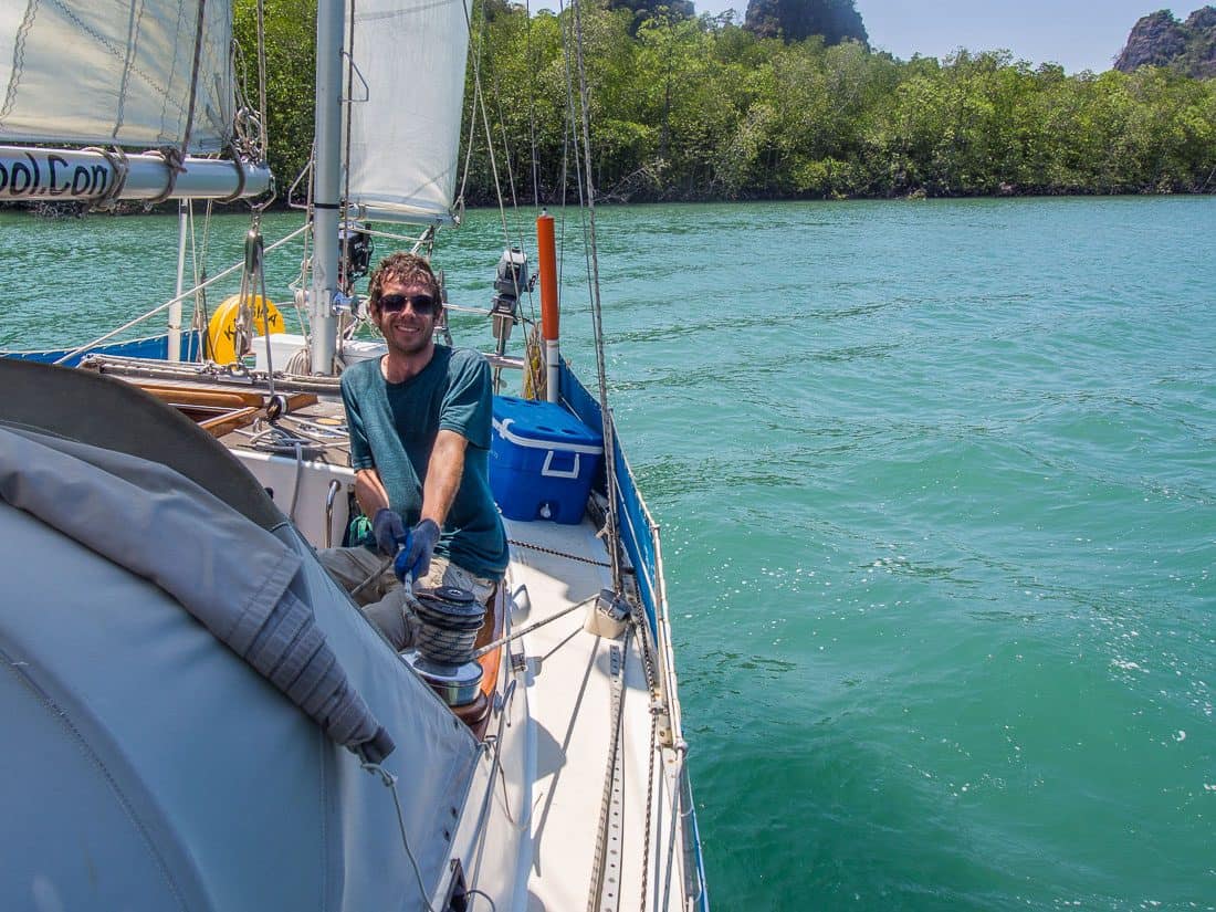 Simon bringing in the headsail while tacking out of the Hole in the Wall