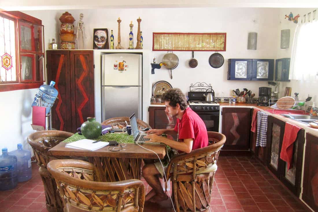 The kitchen and Simon's desk