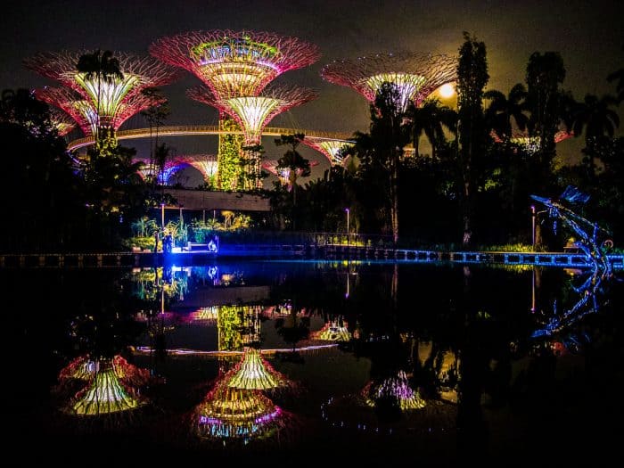 Supertrees reflection and full moon, Singapore