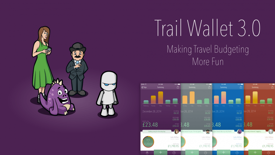 Image of the Trail Wallet 3 characters, together with screenshots of the app.