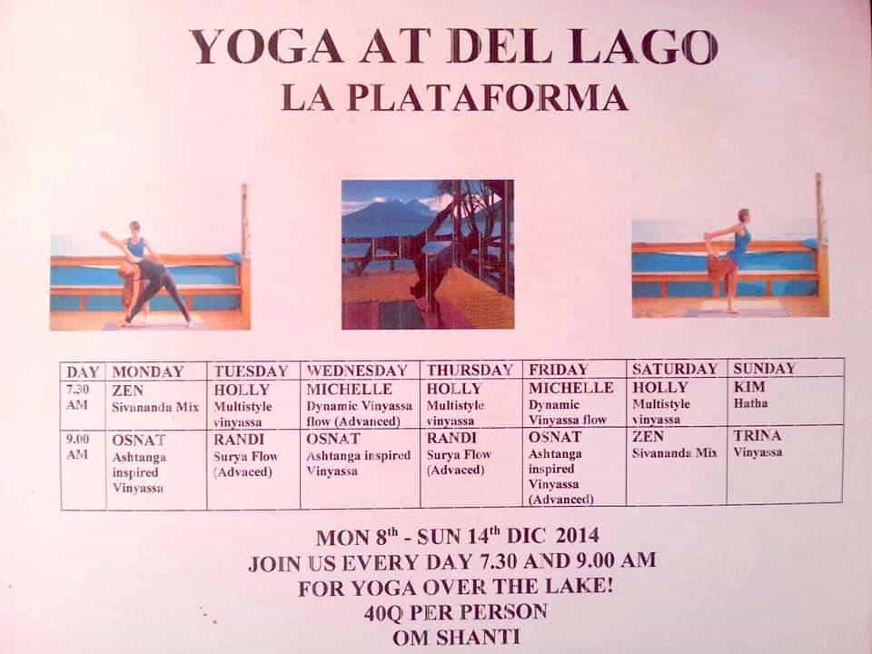 An example yoga schedule at Del Lago, San Marcos