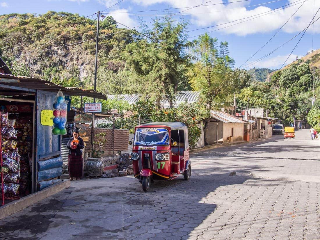 A tuktuk on the main street in San Marcos La Laguna, Lake Atitlan. 