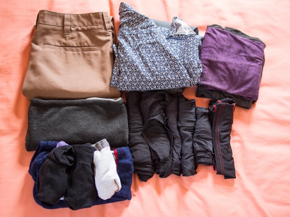 A cold weather packing list in a carry-on - Simon's clothes