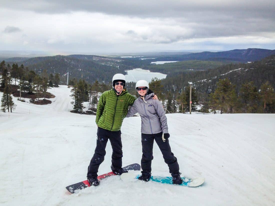 Simon and Erin snowboarding at Ruka, Finland