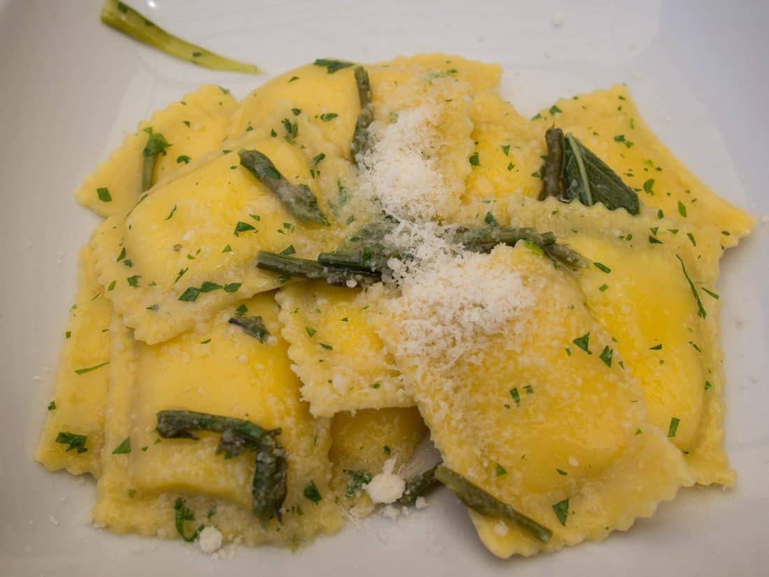 ricotta and lemon ravioli with sage and asparagus