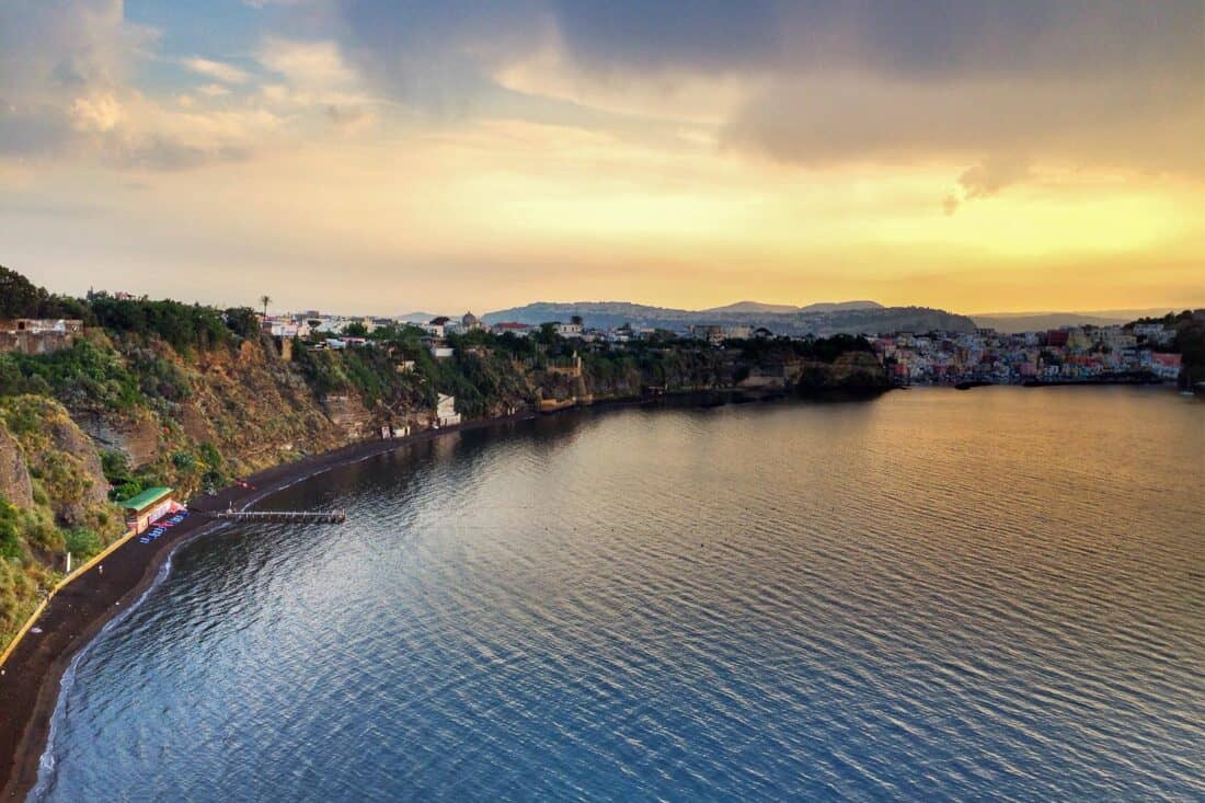 Chiaia Beach on Procida Island, Italy at sunrise