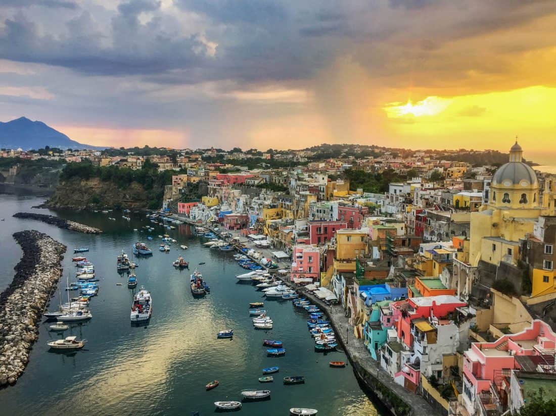 Marina Corricella at sunset, Procida island travel guide