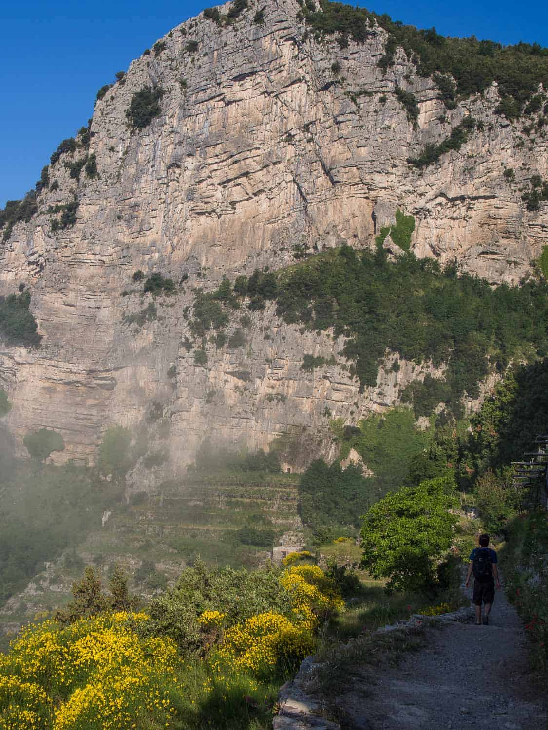 Walking in the shade along the Path of the Gods hike, Amalfi Coast, Italy