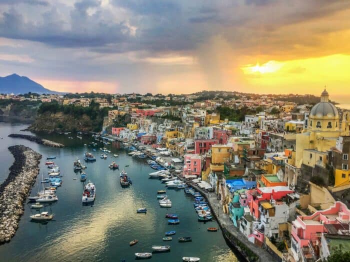 Marina Corricella at sunset on Procida Island Italy