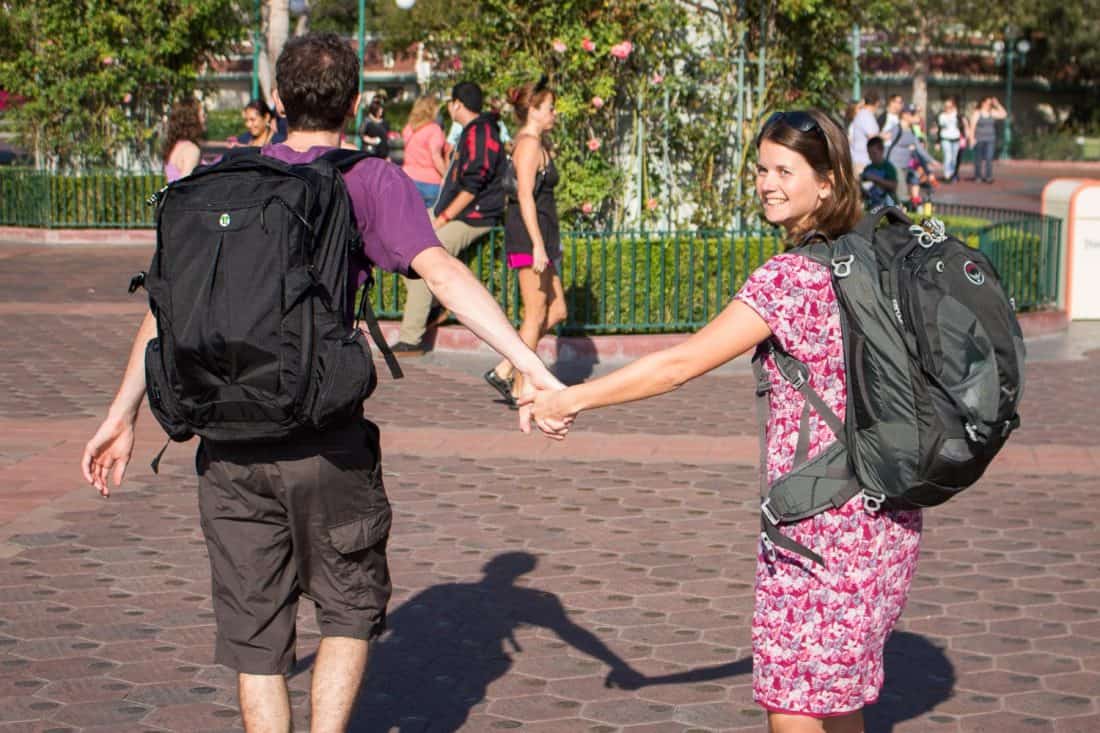 Erin and Simon of Never Ending Voyage with their carry-on backpacks