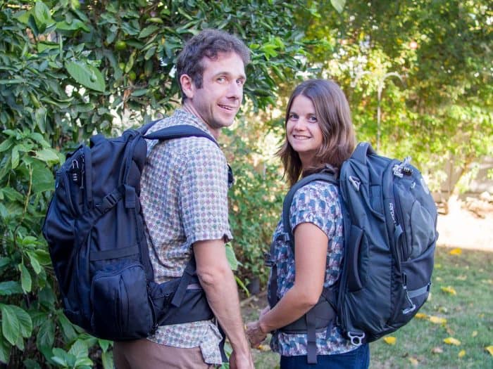 Erin and Simon of Never Ending Voyage with their carry-on backpacks