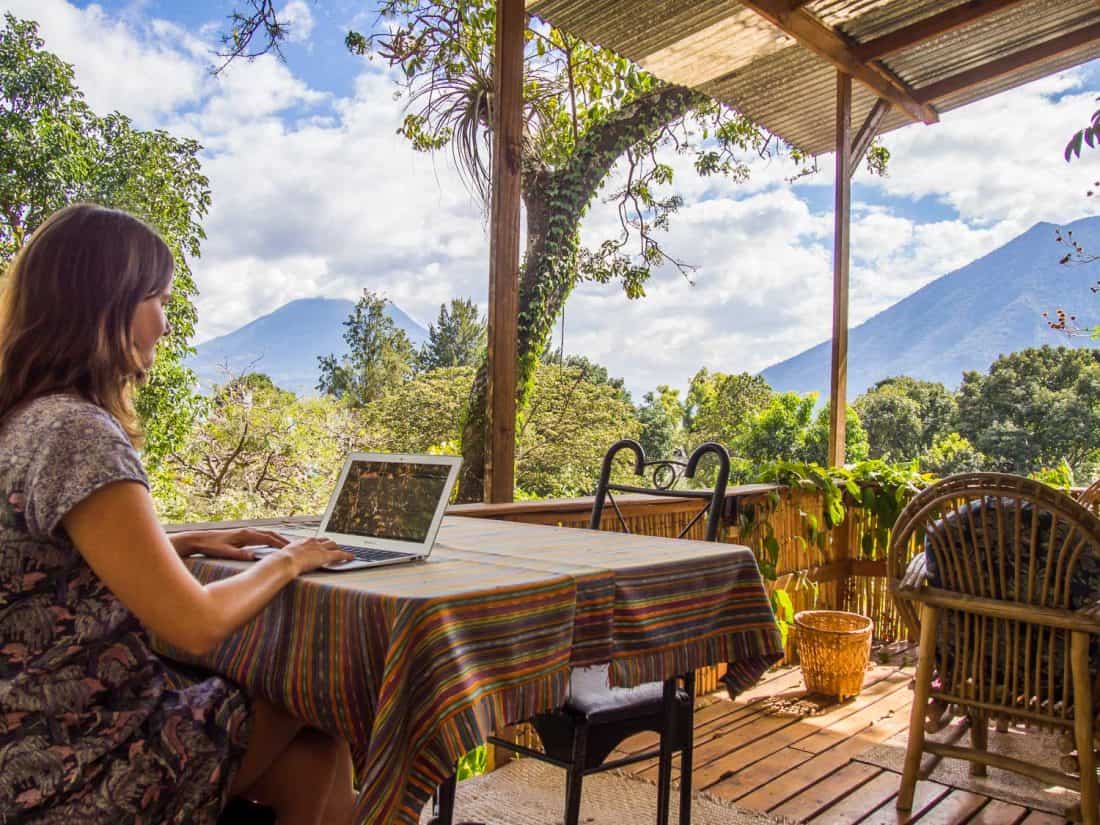 Erin writing at Lake Atitlan, Guatemala