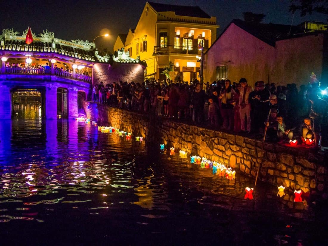 Releasing lanterns at the full moon festival in HoiAn
