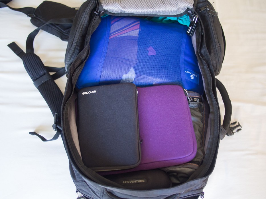 Using packing cubes to keep things organised in my backpack.
