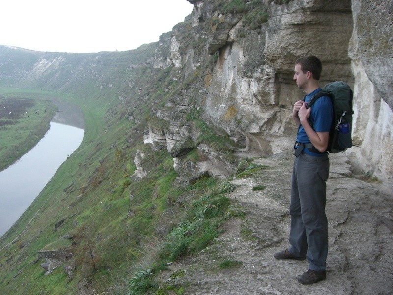 Eytan with his carry-on backpack at Orheiul Vechi-Canyon in Moldova