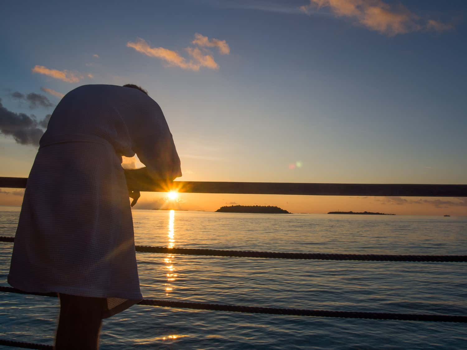 Sunset at our water villa at Reethi Beach Resort, Maldives