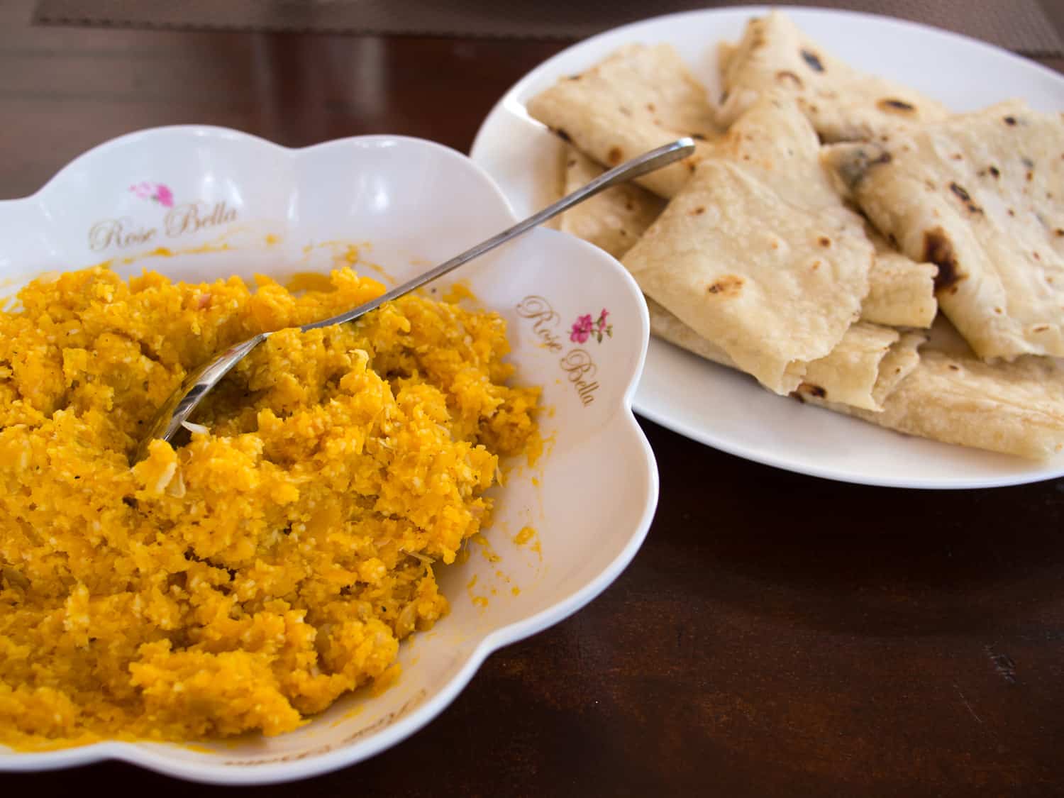 Vegetarian mas huni breakfast with pumpkin at Thundi Guesthouse