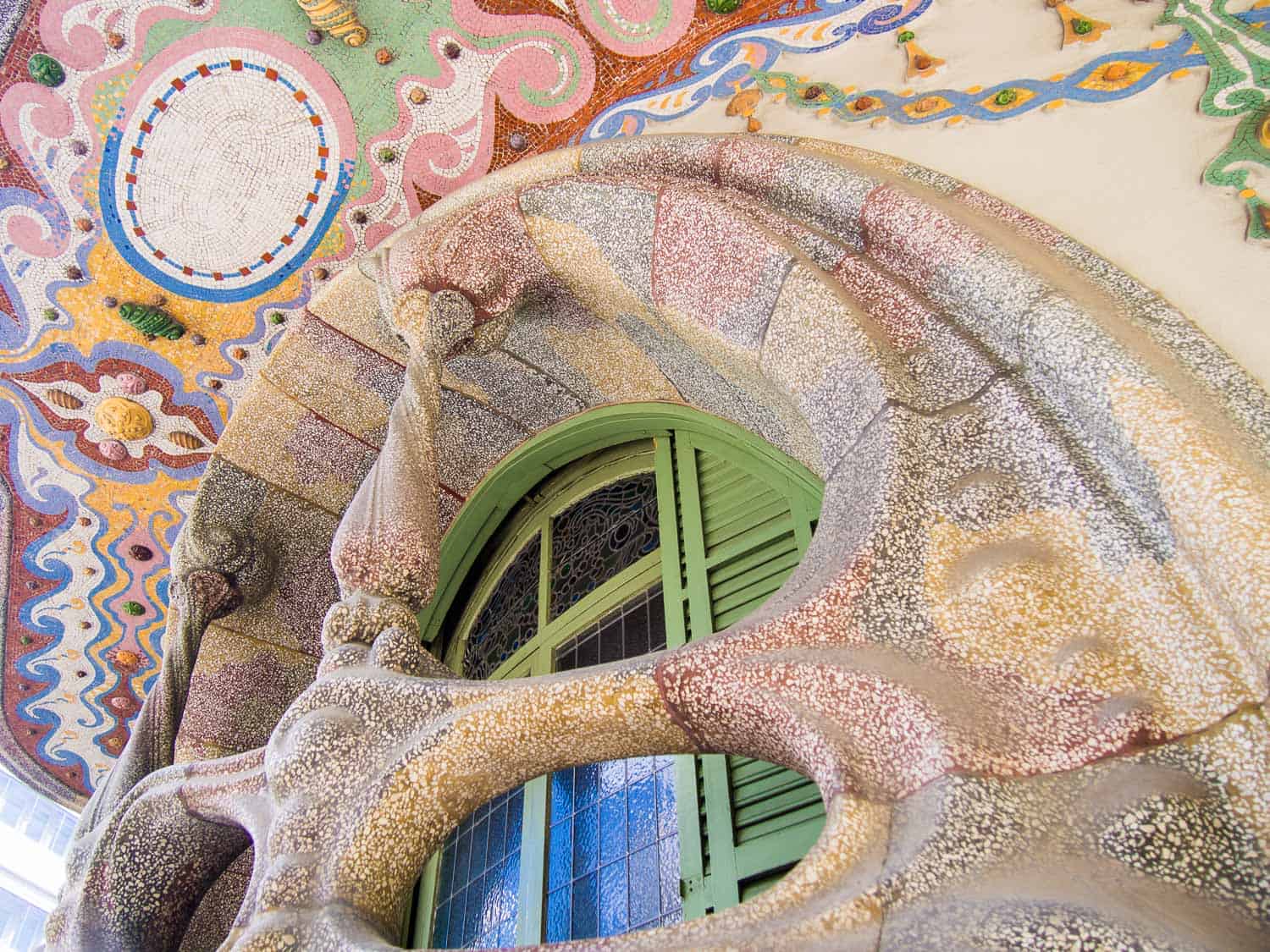 Ornately decorated window frame of Casa Comalat in Barcelona