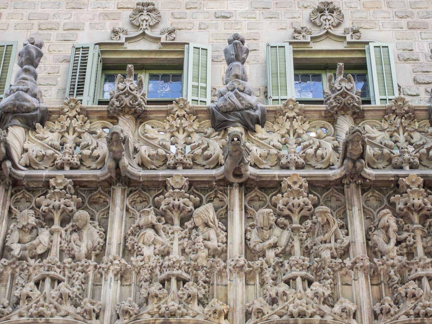 Intricate stone carvings on Palau del Baró de Quadras in Barcelona