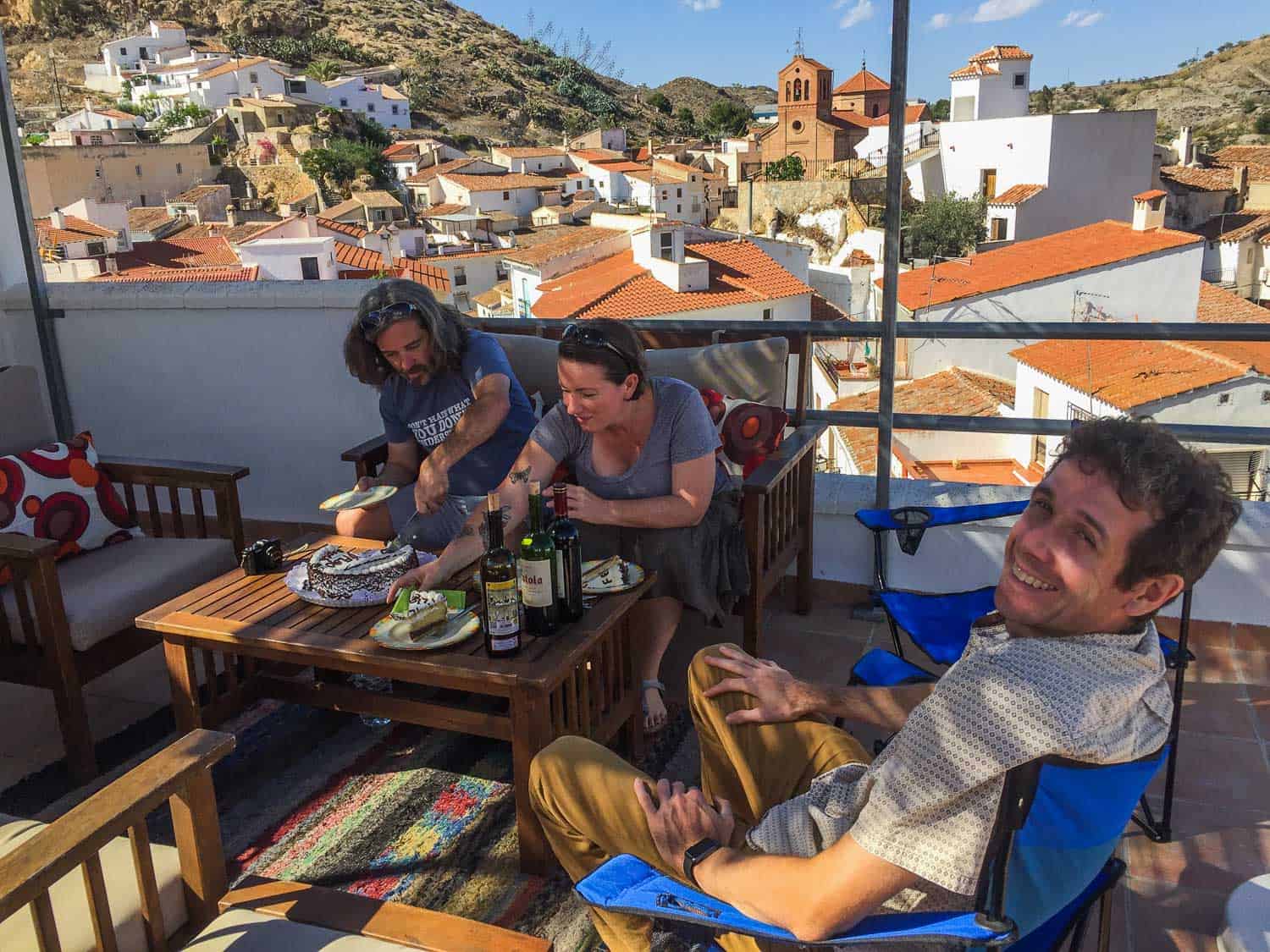 Birthday cake and wine with our friends Warren and Betsy on their terrace overlooking Lubrin