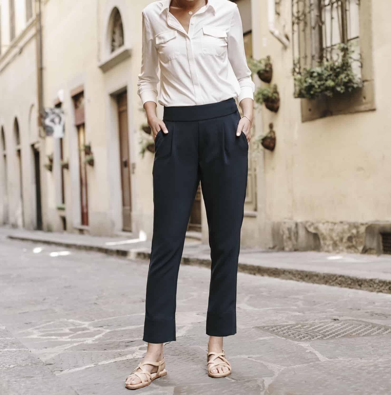 Bluffworks Trevi Pants for women worn with Azores blouse