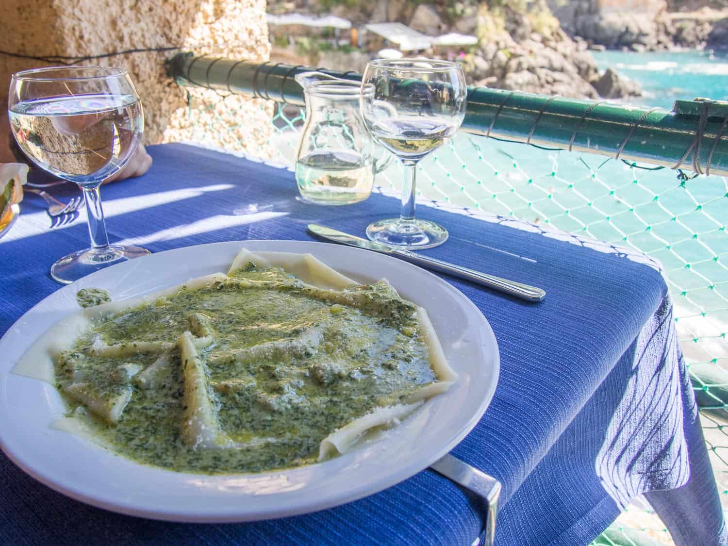 Pesto lasagne lunch with a view at Da Giovanni, San Fruttuoso