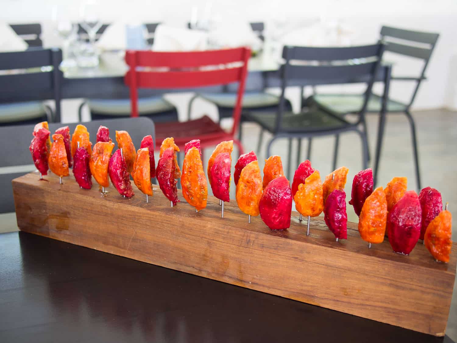 Prickly pear lollipops at Babel, an amazing Franschhoek restaurant for vegetarians