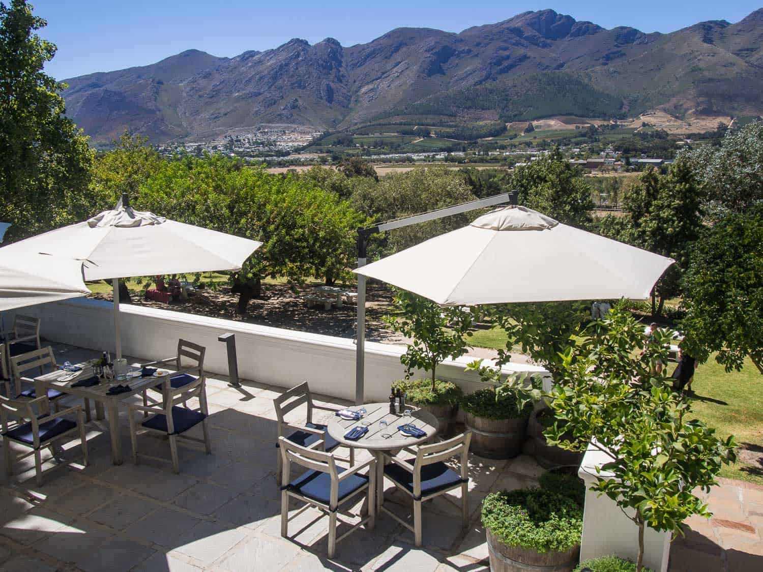 The terrace of the Country Kitchen restaurant at Mont Rochelle on the Franschhoek wine tram