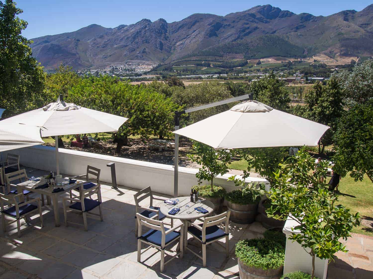 The terrace of the Country Kitchen restaurant at Mont Rochelle on the Franschhoek wine tram