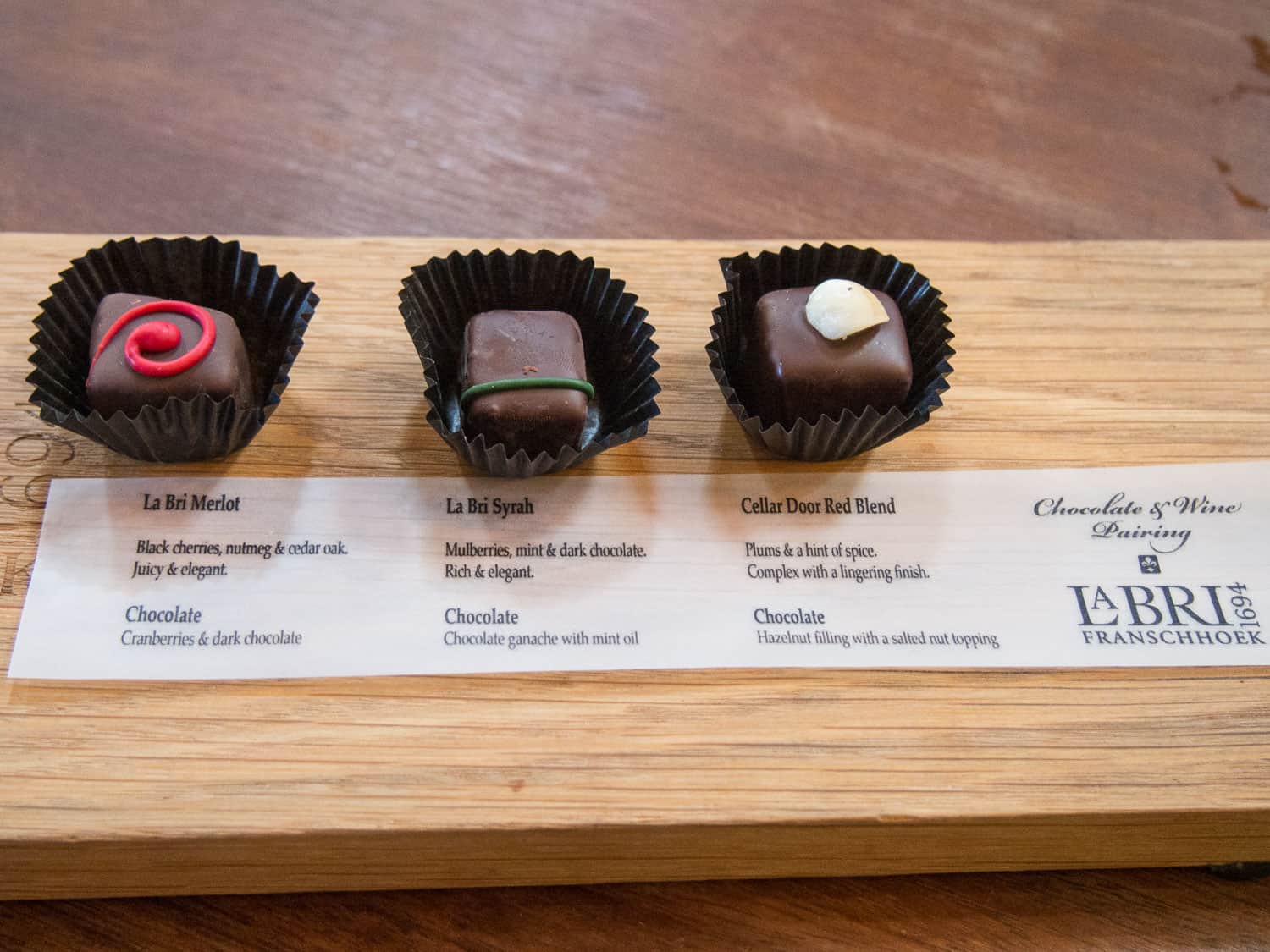 Chocolate and wine pairing at La Bri on Franschhoek wine tram