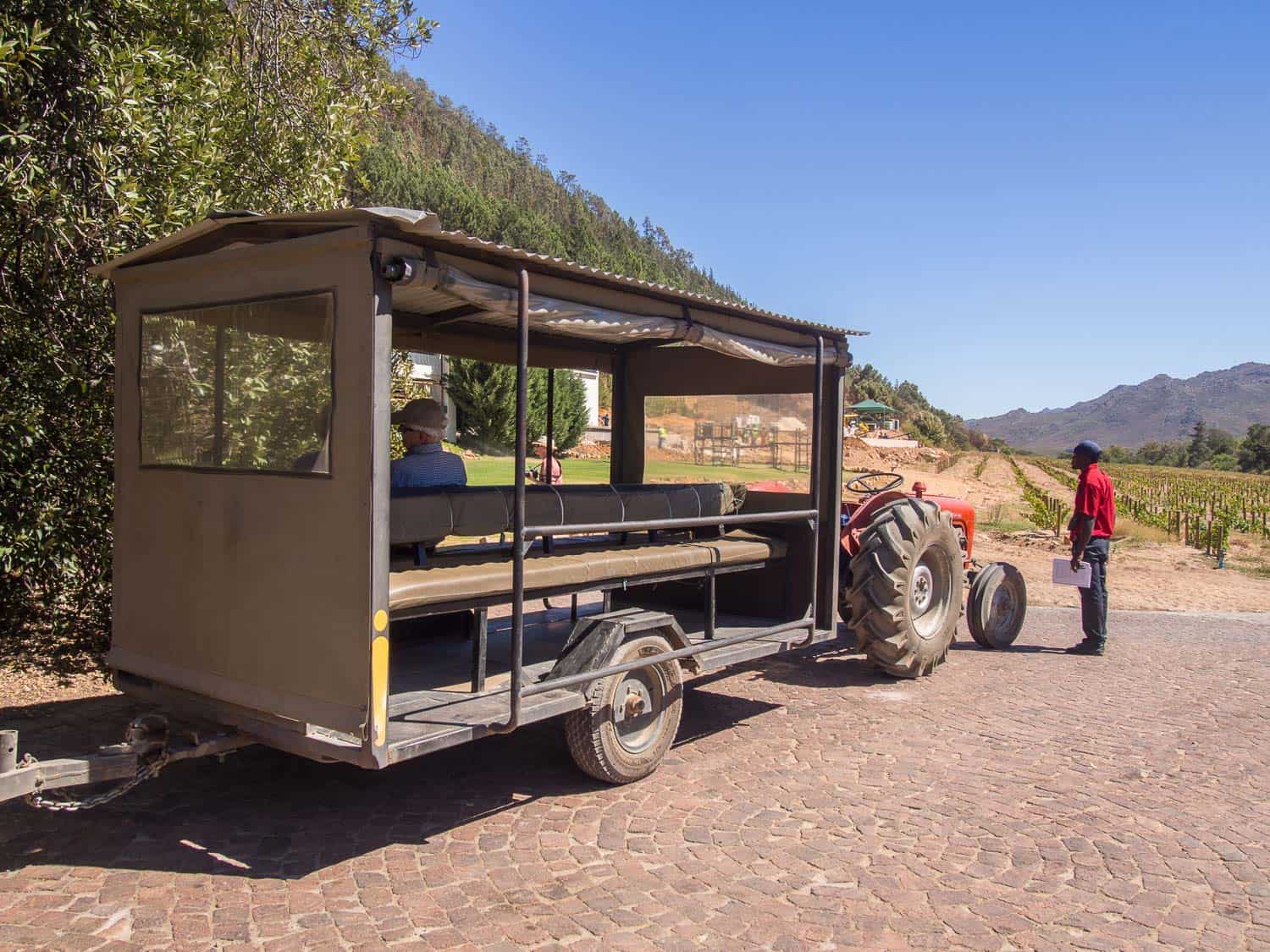 Franschhoek wine tram review - The trailor that connects the tram to the wineries