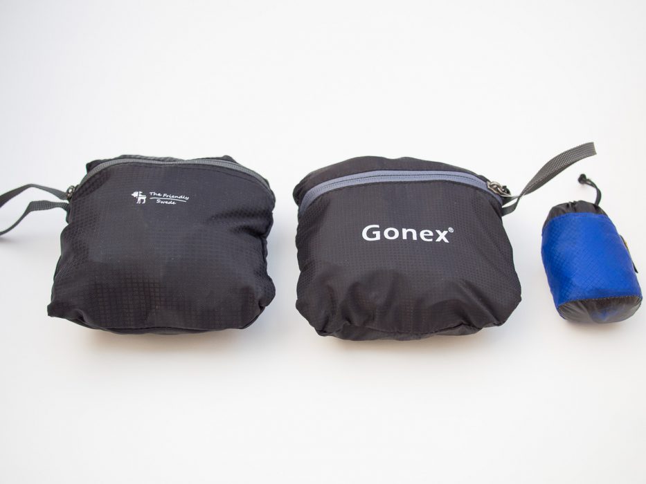 The daypacks packed down into their small pouches: The Friendly Swede, Gonex and Sea to Summit