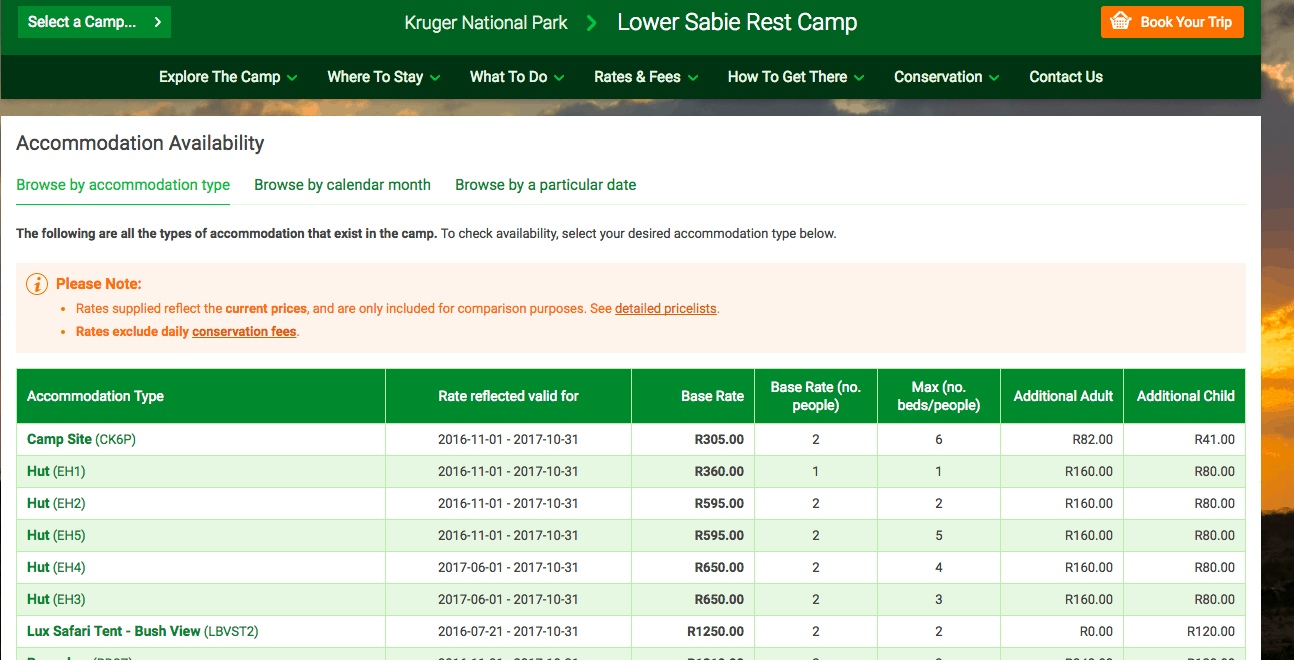 Lower Sabie availability page - How to book a Kruger National Park rest camp