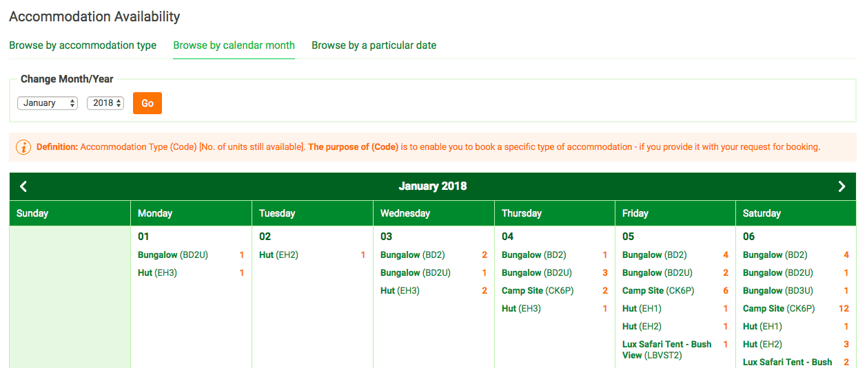 Lower Sabie availability by month page - How to book a Kruger National Park rest camp