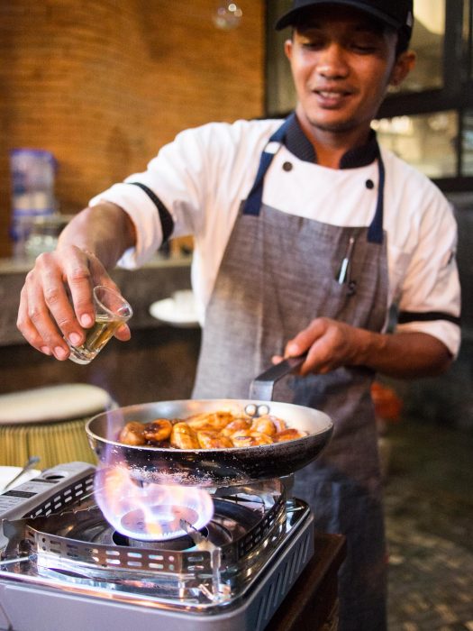 Flambe bananas at La Pacha Mama vegetarian Mexican restaurant in Ubud