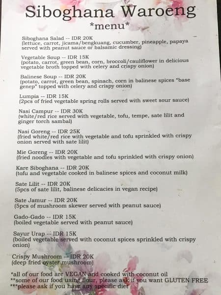 Siboghana Waroeng menu, an Ubud vegan restaurant in Bali