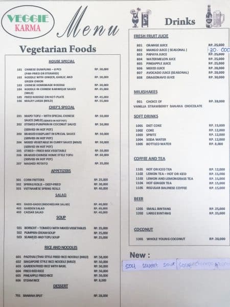 Veggie Karma menu, a vegetarian Chinese restaurant in Ubud, Bali