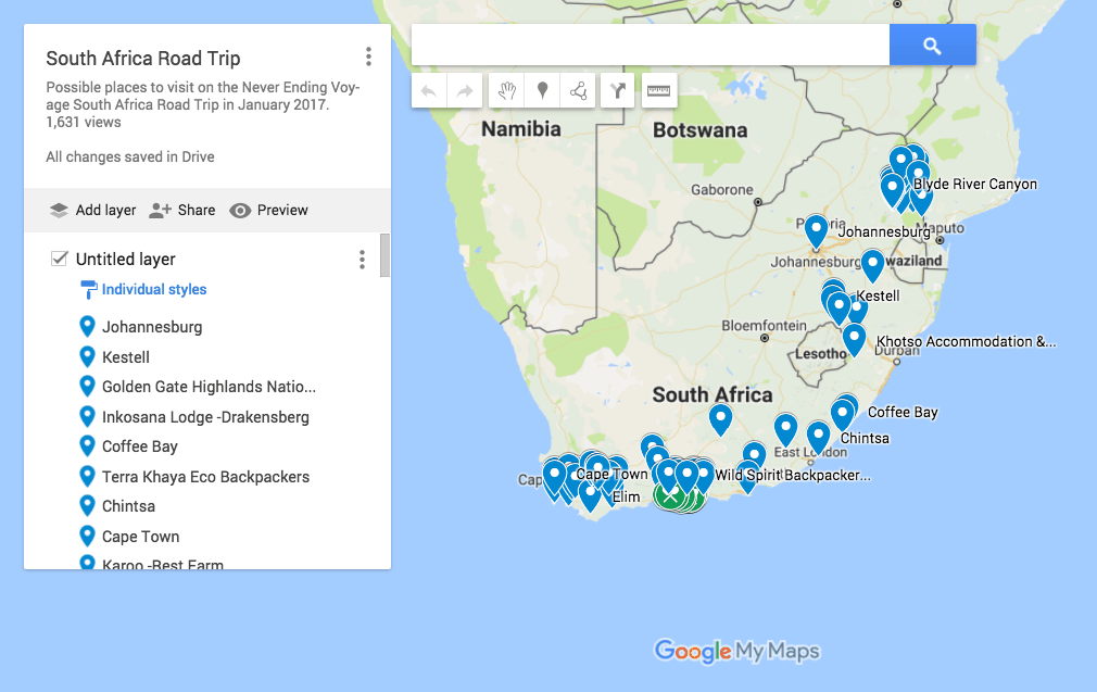 Custom google map for South Africa road trip ideas