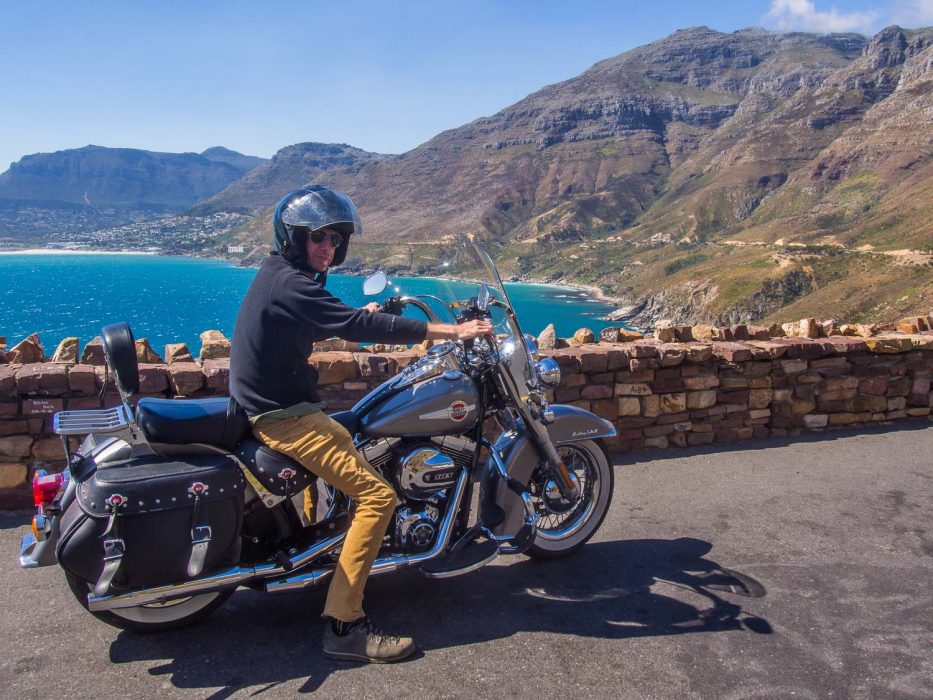 Riding a Harley Davidson on Chapman's Peak Drive on the way back from the Cape Peninsula