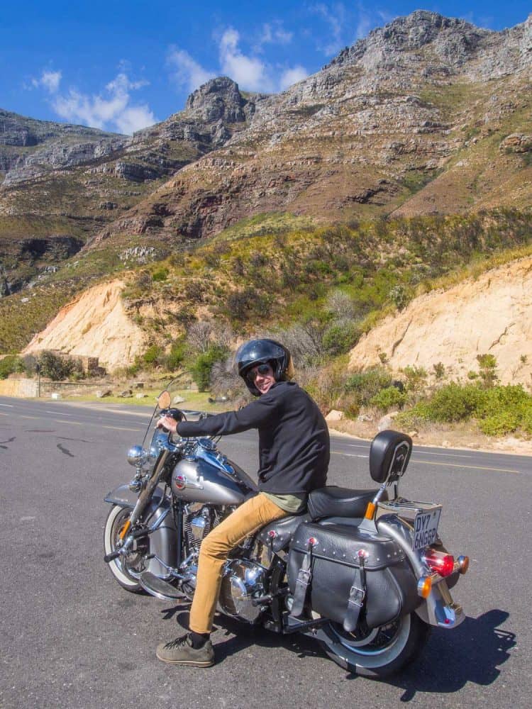 Riding a Harley Davidson motorbike on Chapman's Peak Road on the way back from the Cape Peninsula