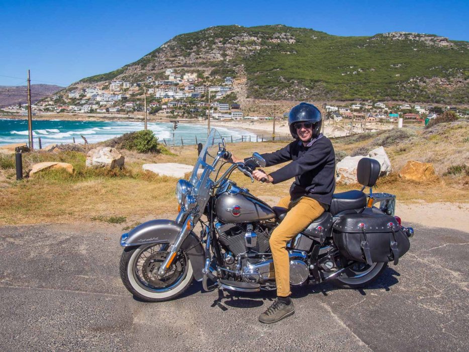 Riding a Harley Davidson near Fish Hoek on the Cape Peninsula, South Africa