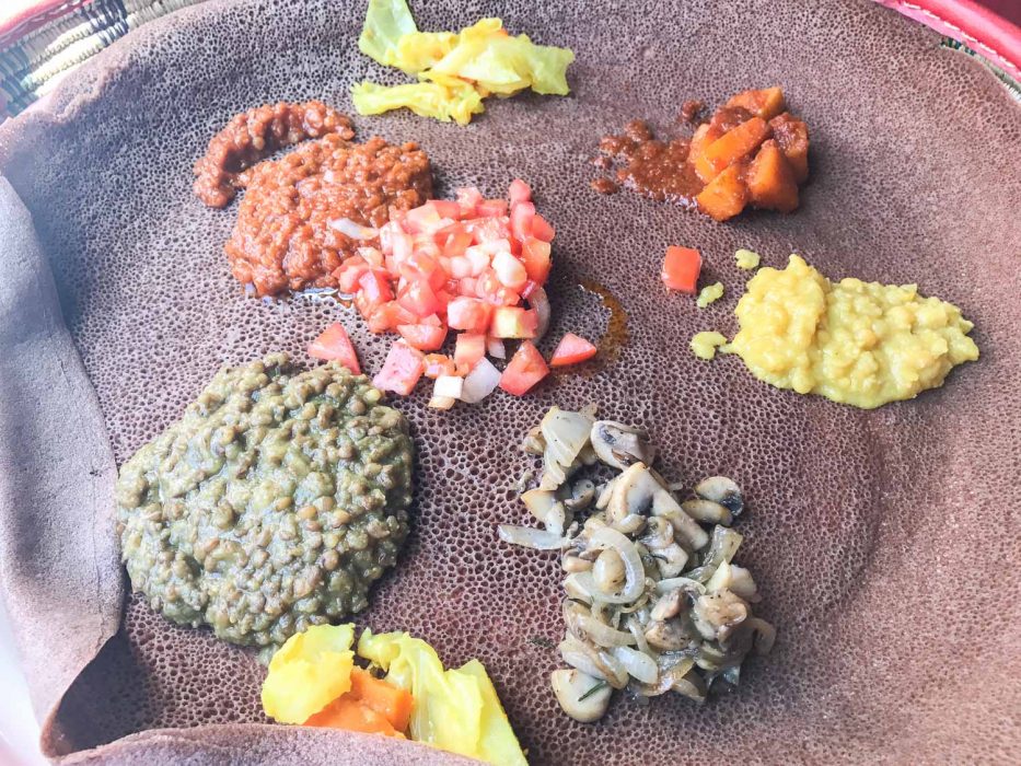 The vegetarian platter on injera at Addis in Cape