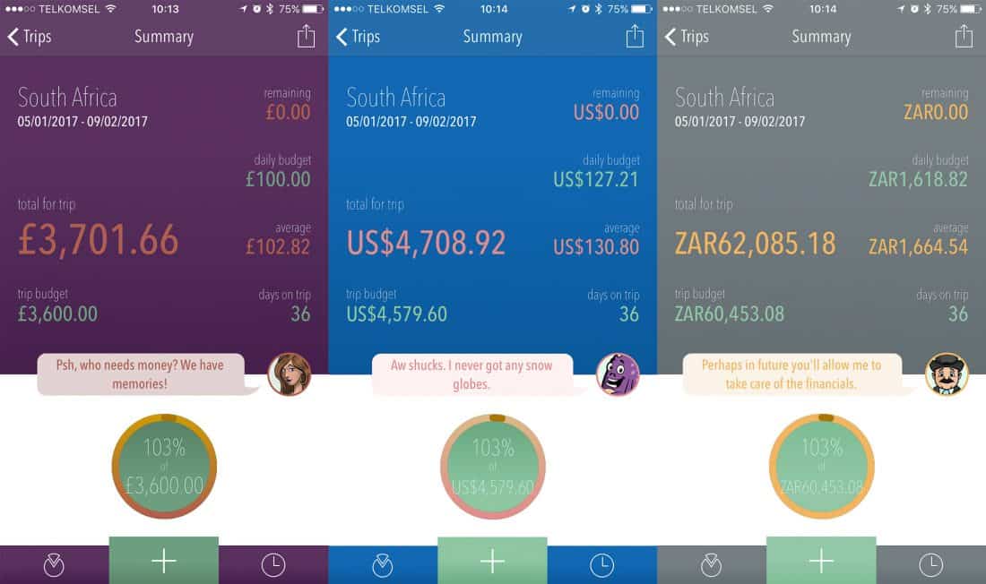 South Africa travel costs for a one month road trip from Johannesburg to Cape Town shown in the Trail Wallet app