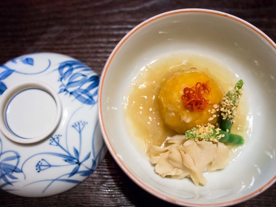 Pumpkin dumplings at Bon shojin ryori vegetarian restaurant, Tokyo, Japan